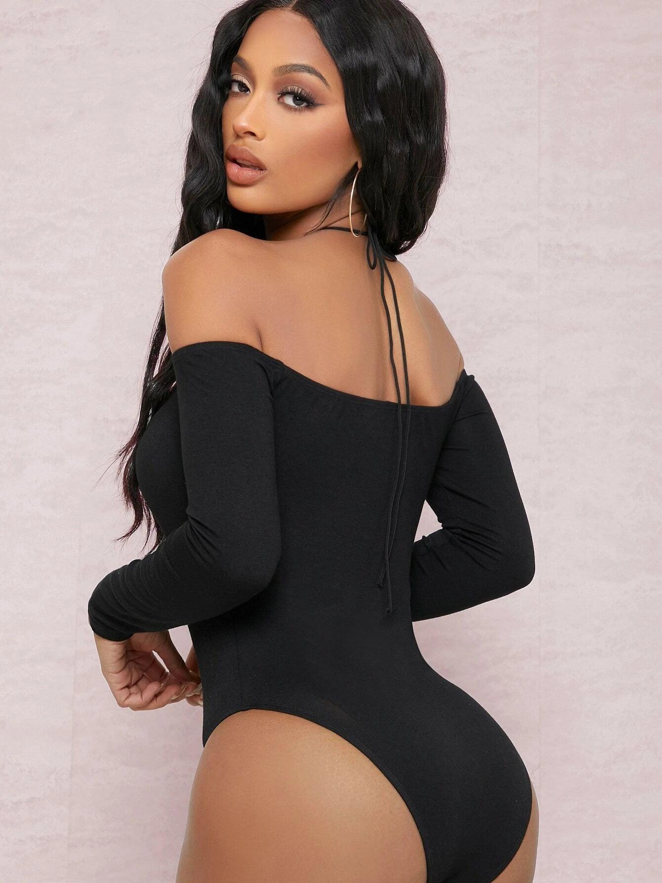 Off-the-Shoulder Strappy Self-Tie Choker Bodysuit-Comfy Jumpsuits