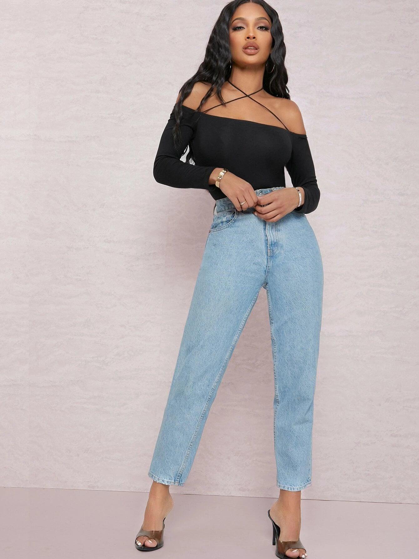 Off-the-Shoulder Strappy Self-Tie Choker Bodysuit-Comfy Jumpsuits