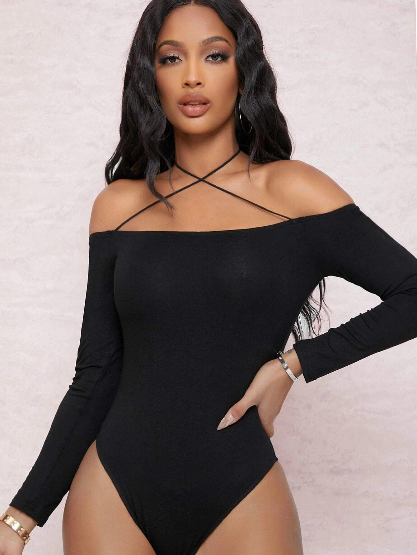 Off-the-Shoulder Strappy Self-Tie Choker Bodysuit-Comfy Jumpsuits