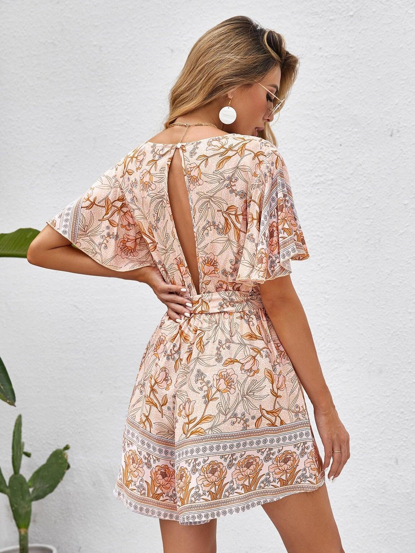 Allover Floral Print Belted Romper-Comfy Jumpsuits