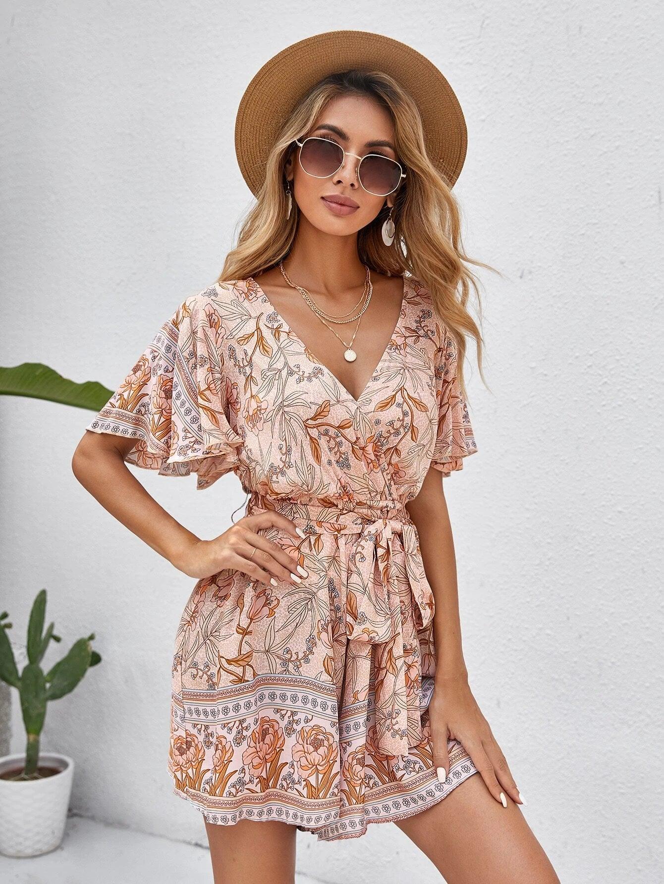 Allover Floral Print Belted Romper-Comfy Jumpsuits