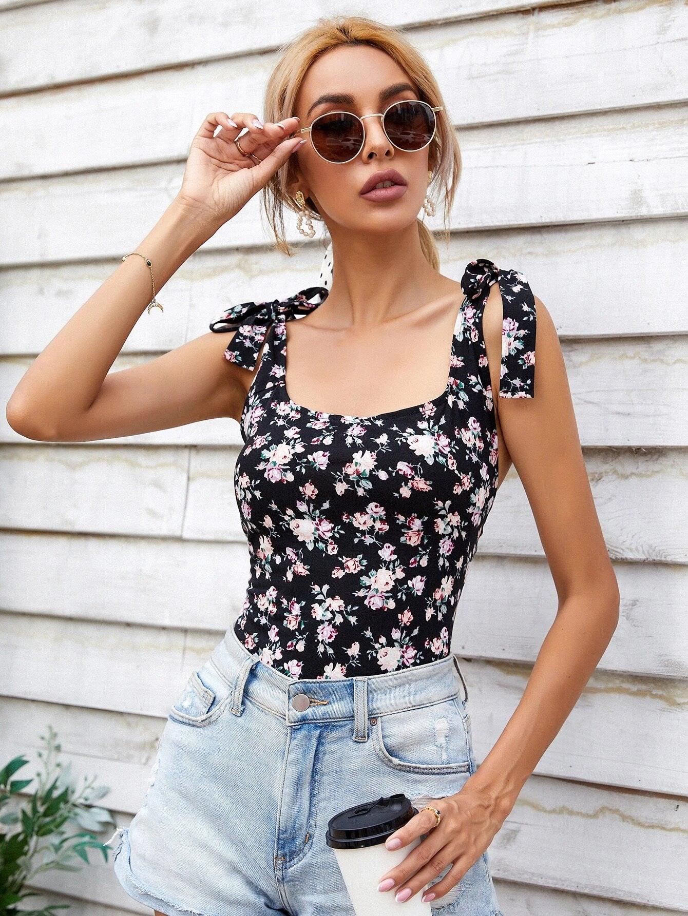 Floral Print Knotted Backless Bodysuit-Comfy Jumpsuits