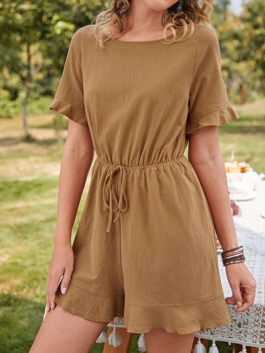 Keyhole Back Ruffle Hem Romper-Comfy Jumpsuits