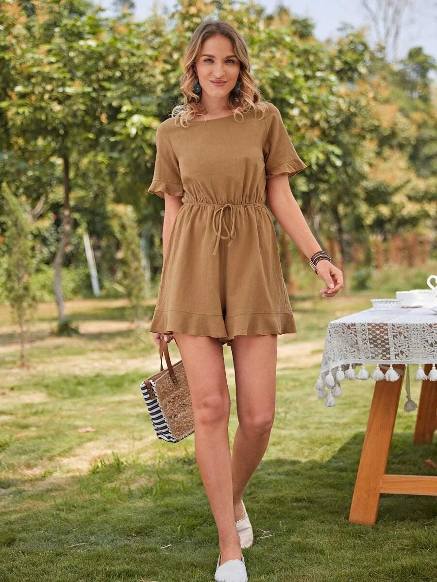 Keyhole Back Ruffle Hem Romper-Comfy Jumpsuits
