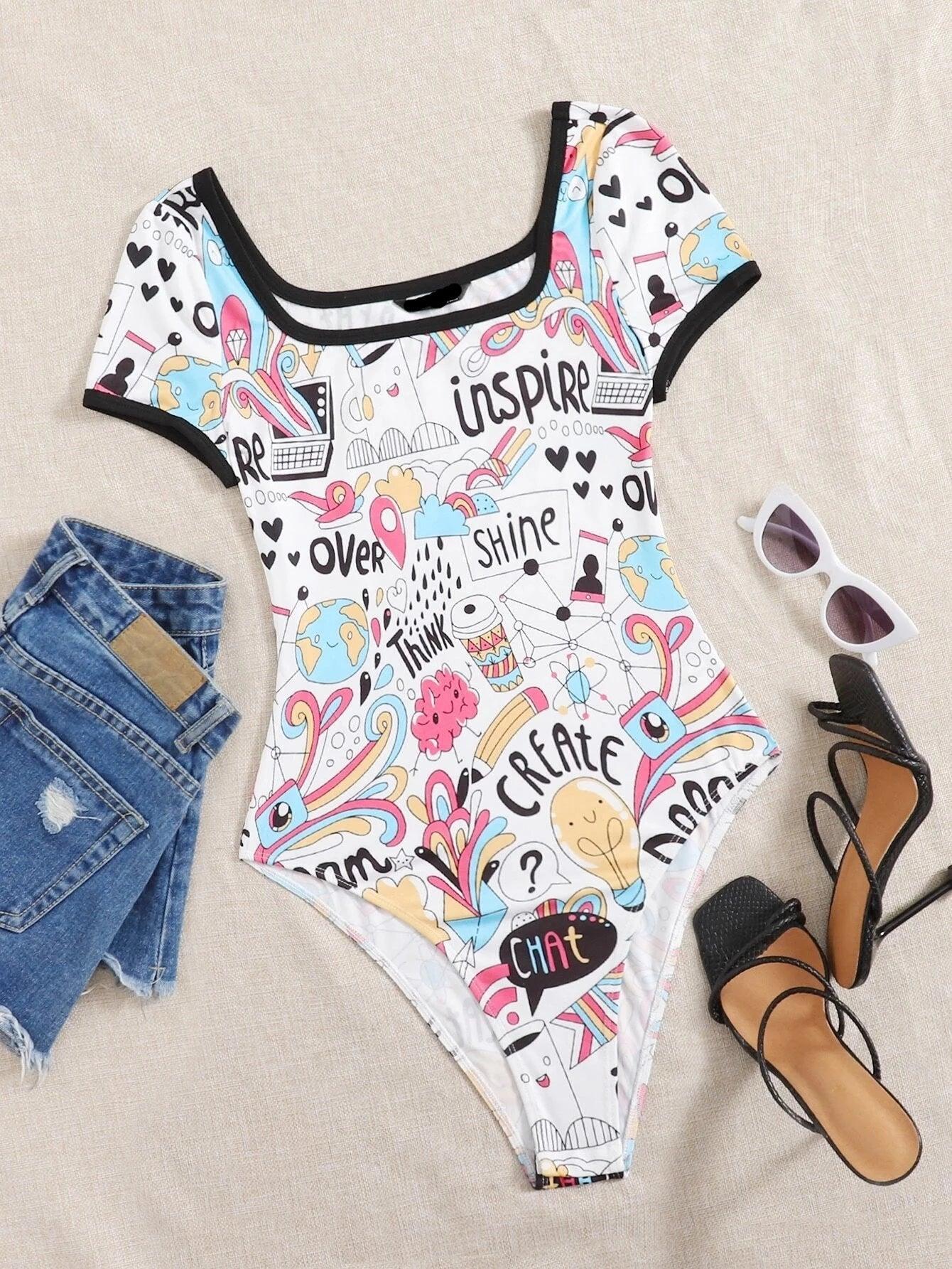 Contrast Binding Letter And Cartoon Graphic Bodysuit-Comfy Jumpsuits