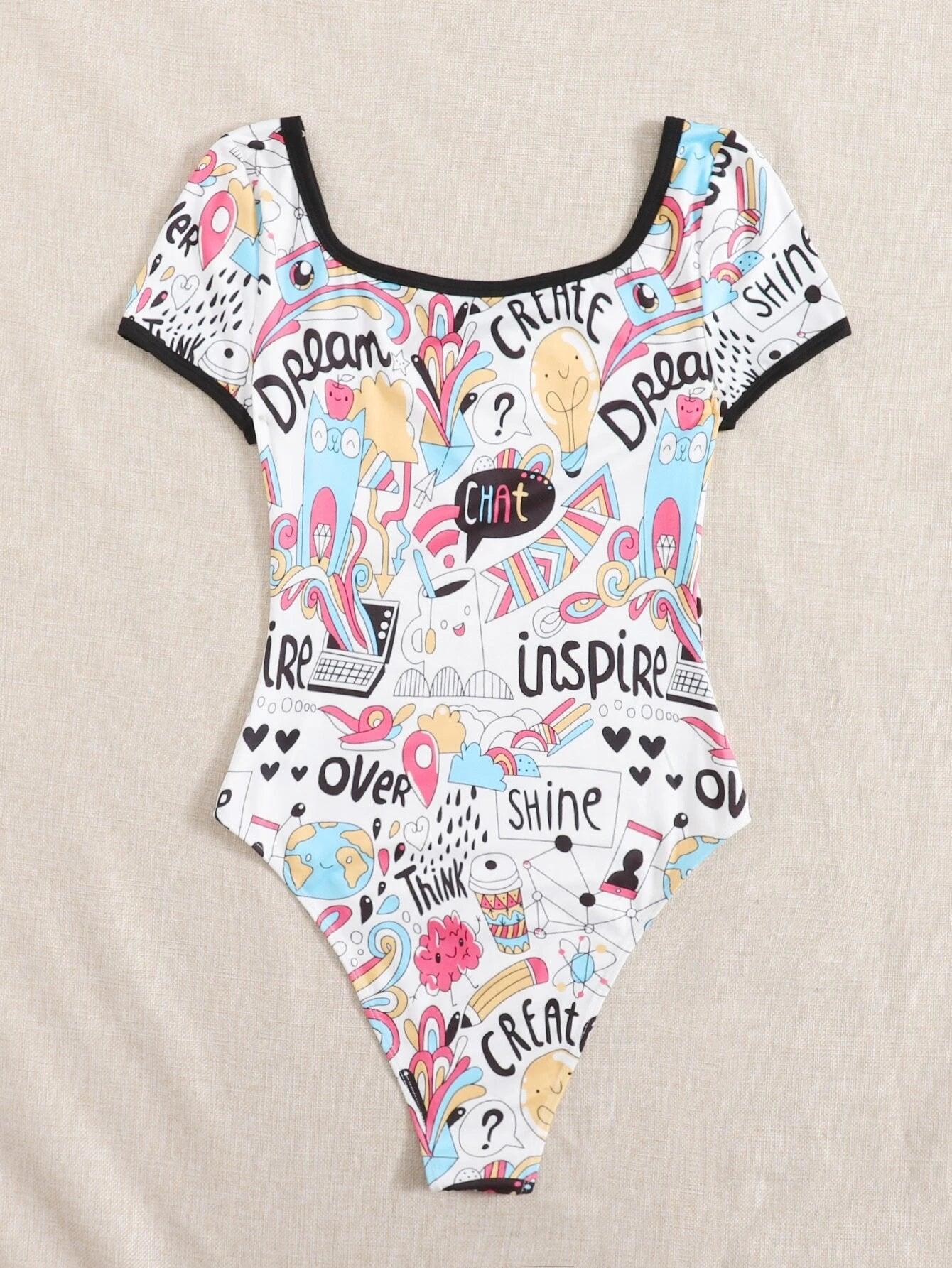 Contrast Binding Letter And Cartoon Graphic Bodysuit-Comfy Jumpsuits