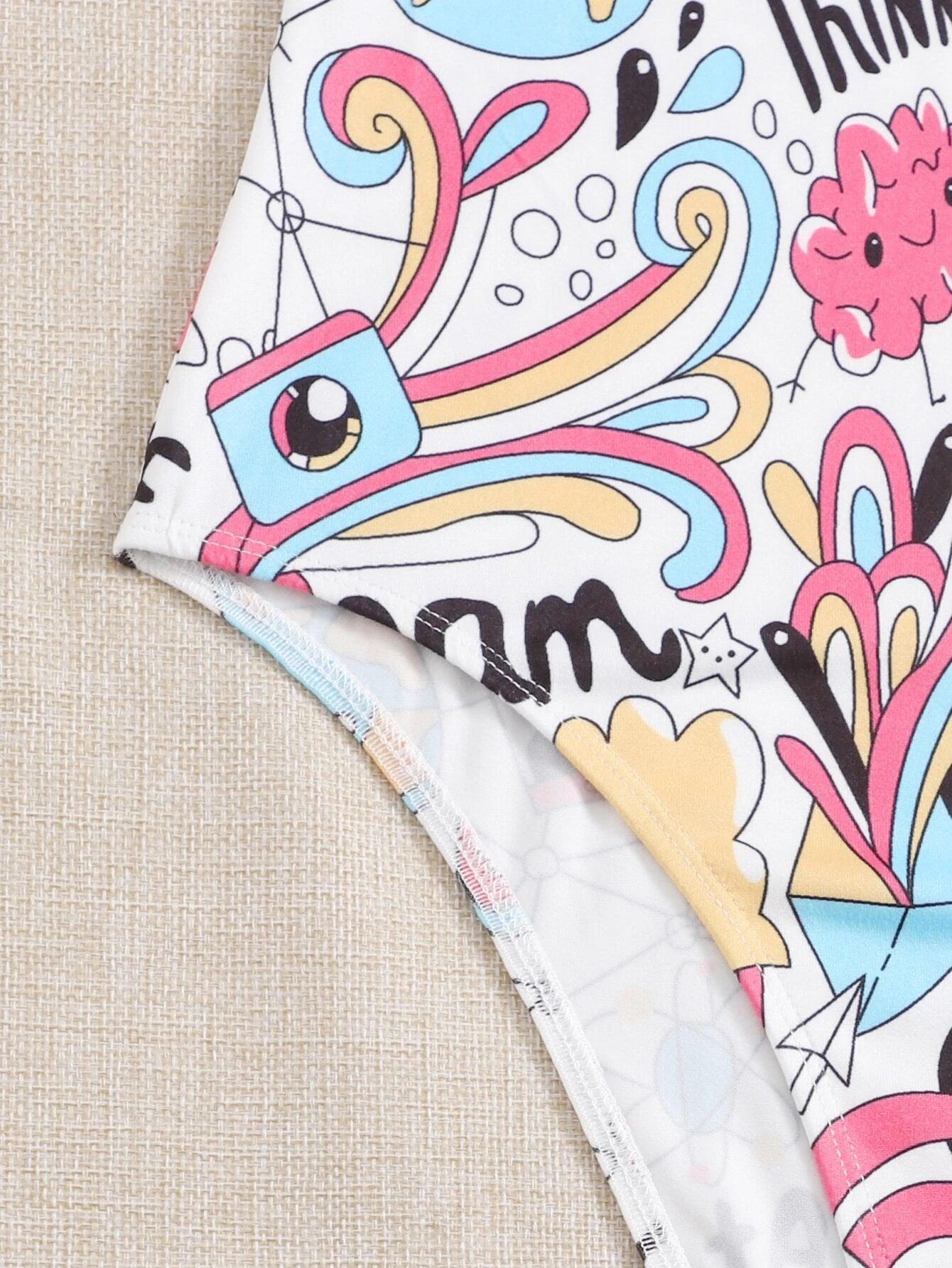 Contrast Binding Letter And Cartoon Graphic Bodysuit-Comfy Jumpsuits