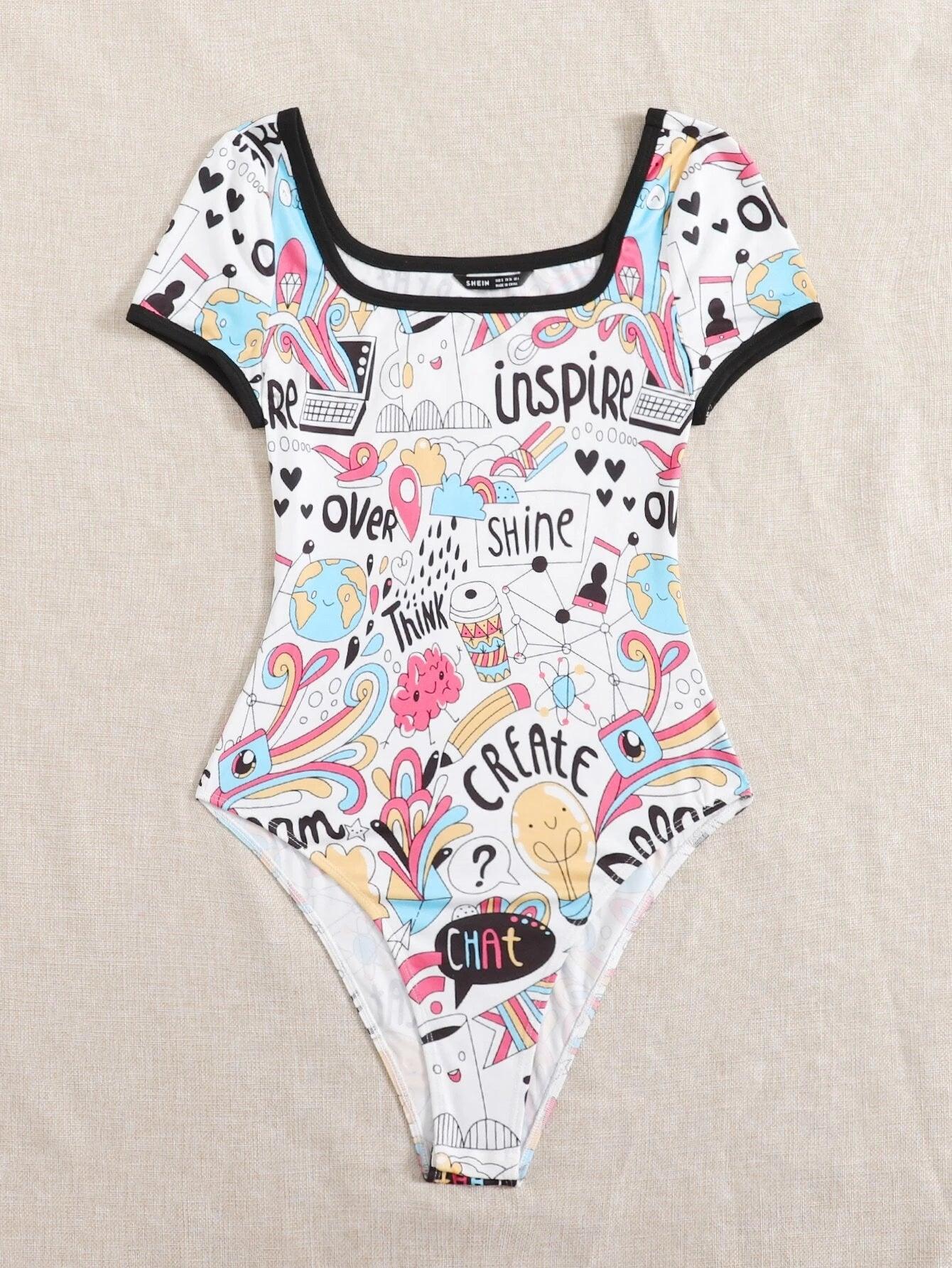 Contrast Binding Letter And Cartoon Graphic Bodysuit-Comfy Jumpsuits