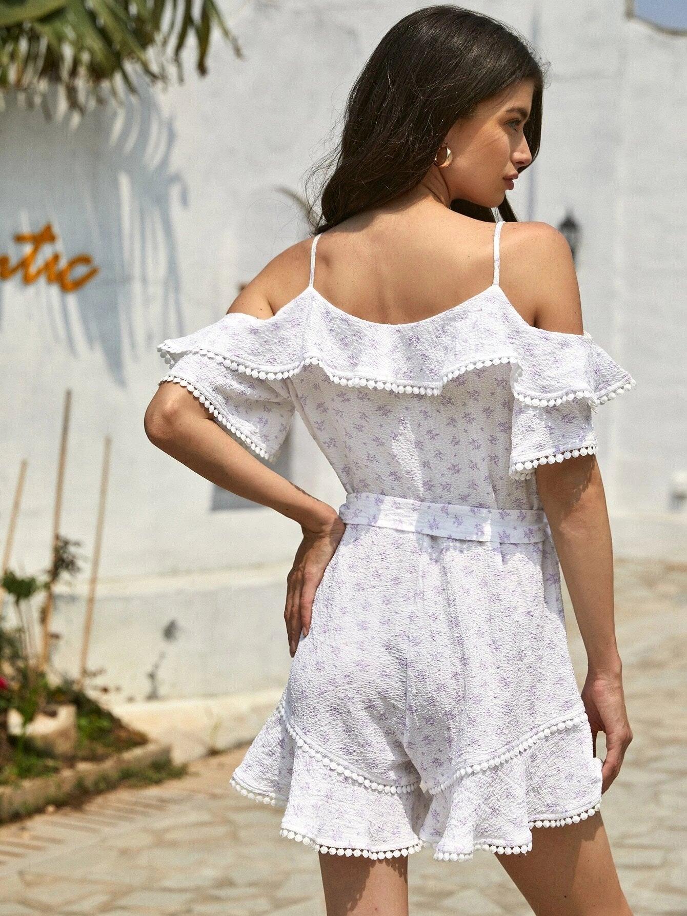 Cold Shoulder Lace Trim Belted Romper-Comfy Jumpsuits