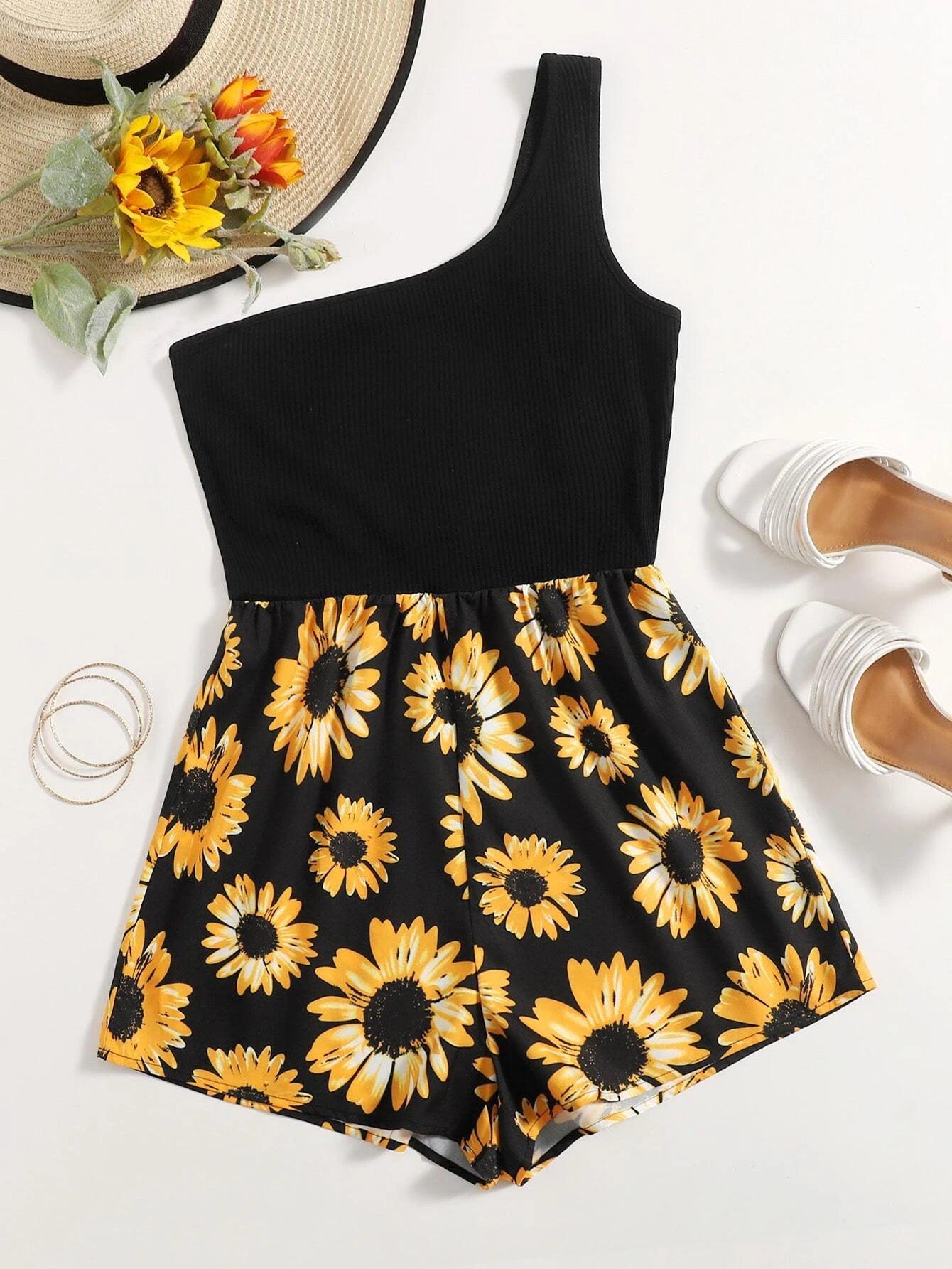 One Shoulder Sunflower Print Romper-Comfy Jumpsuits