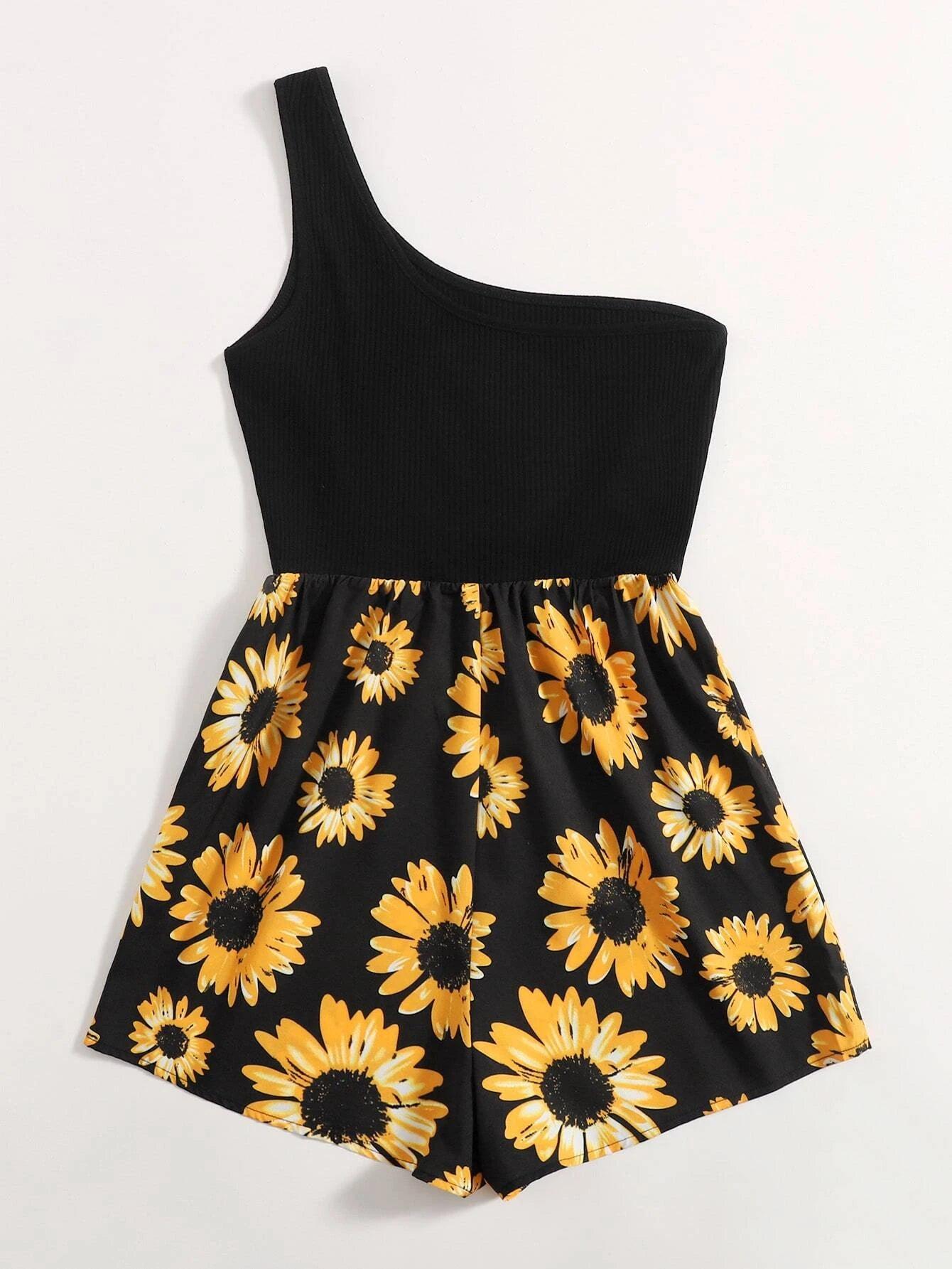 One Shoulder Sunflower Print Romper-Comfy Jumpsuits