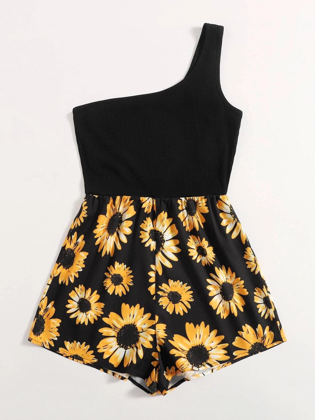 One Shoulder Sunflower Print Romper-Comfy Jumpsuits