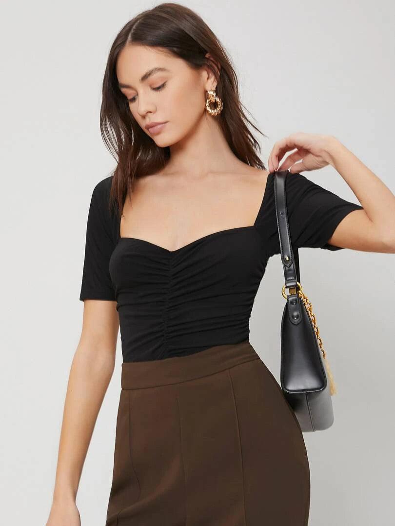 Solid Black Wide Neck Bodysuit-Comfy Jumpsuits