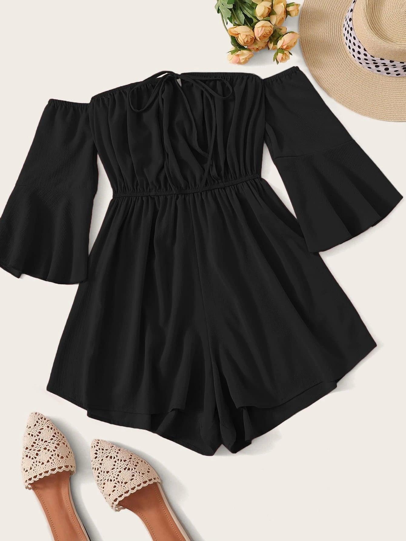 Solid Coloured Half Sleeve Bardot Romper-Comfy Jumpsuits