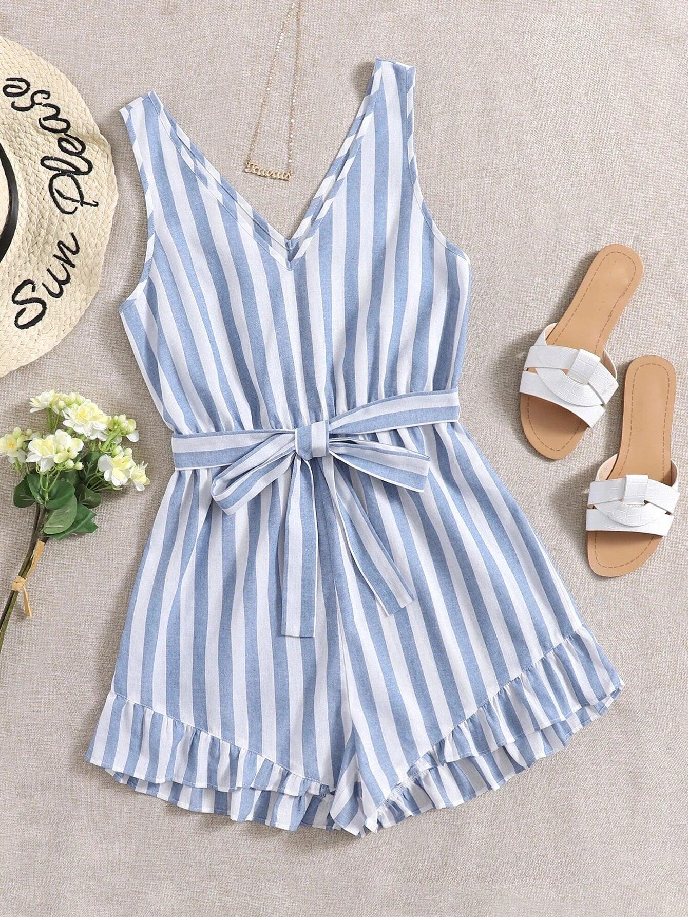 Ruffle Hem Self Belted Striped Romper-Comfy Jumpsuits