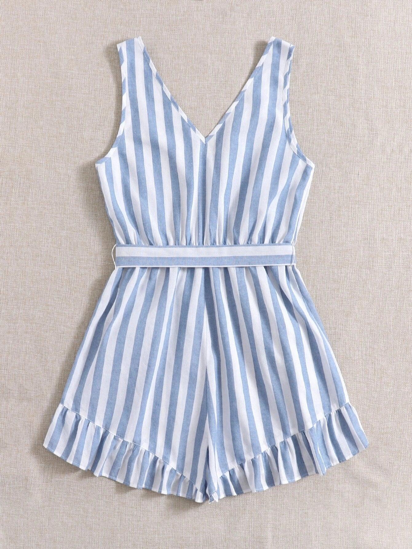 Ruffle Hem Self Belted Striped Romper-Comfy Jumpsuits