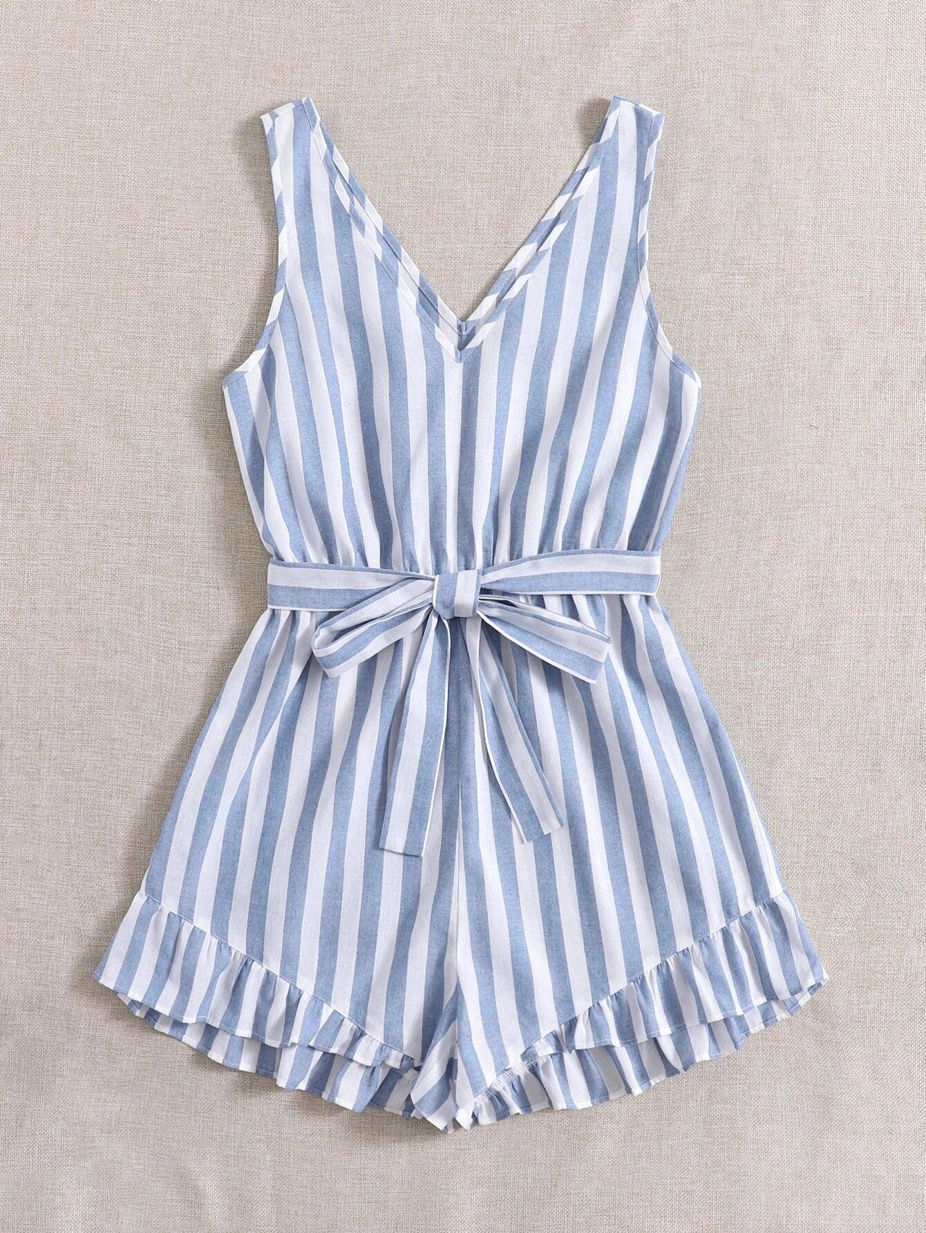 Ruffle Hem Self Belted Striped Romper-Comfy Jumpsuits