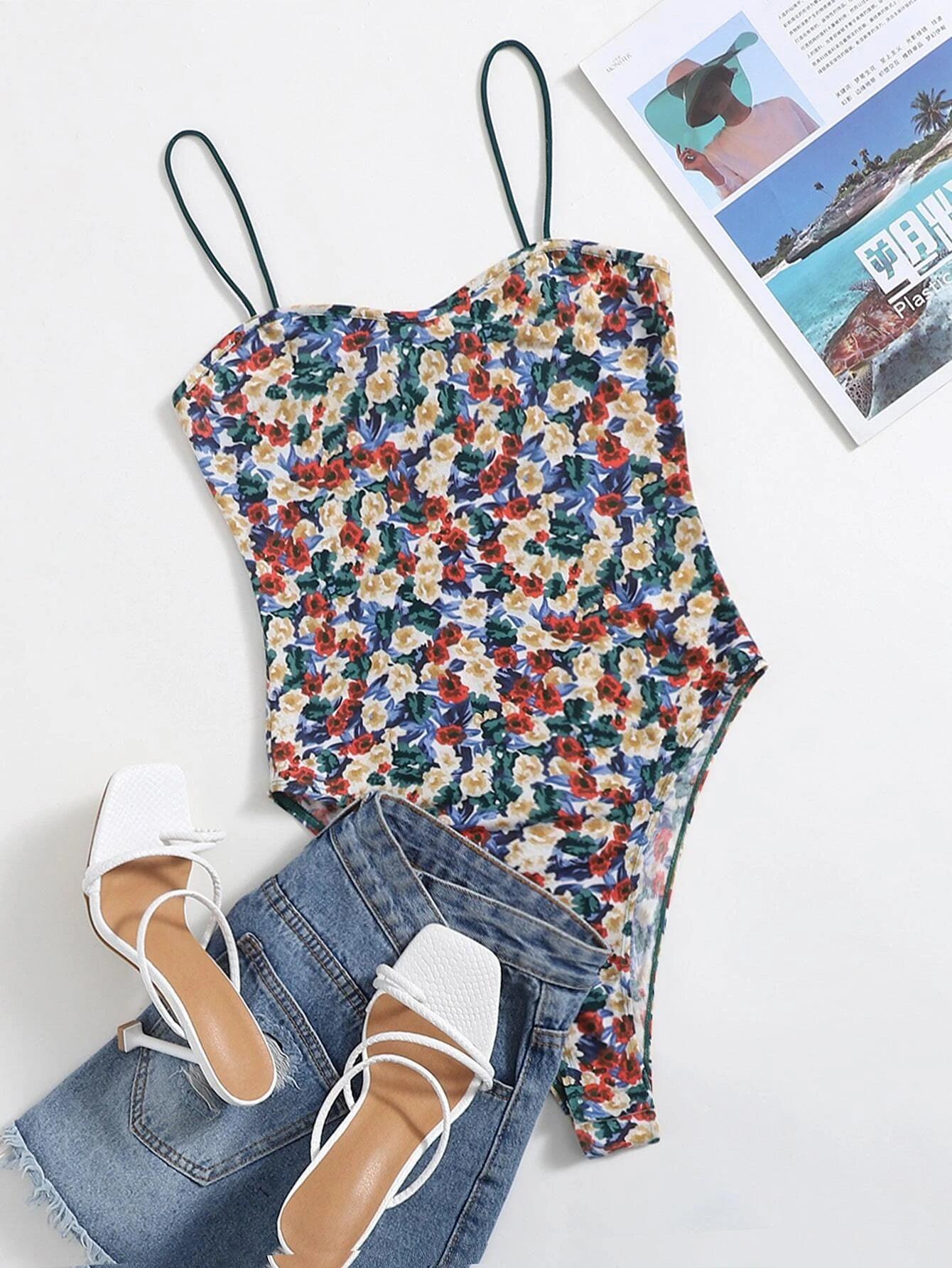 Floral Sleeveless Cami Bodysuit-Comfy Jumpsuits