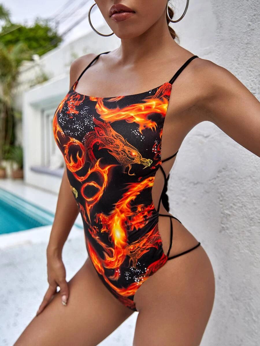 Fire Dragon Print Crisscross Backless Slip Bodysuit-Comfy Jumpsuits