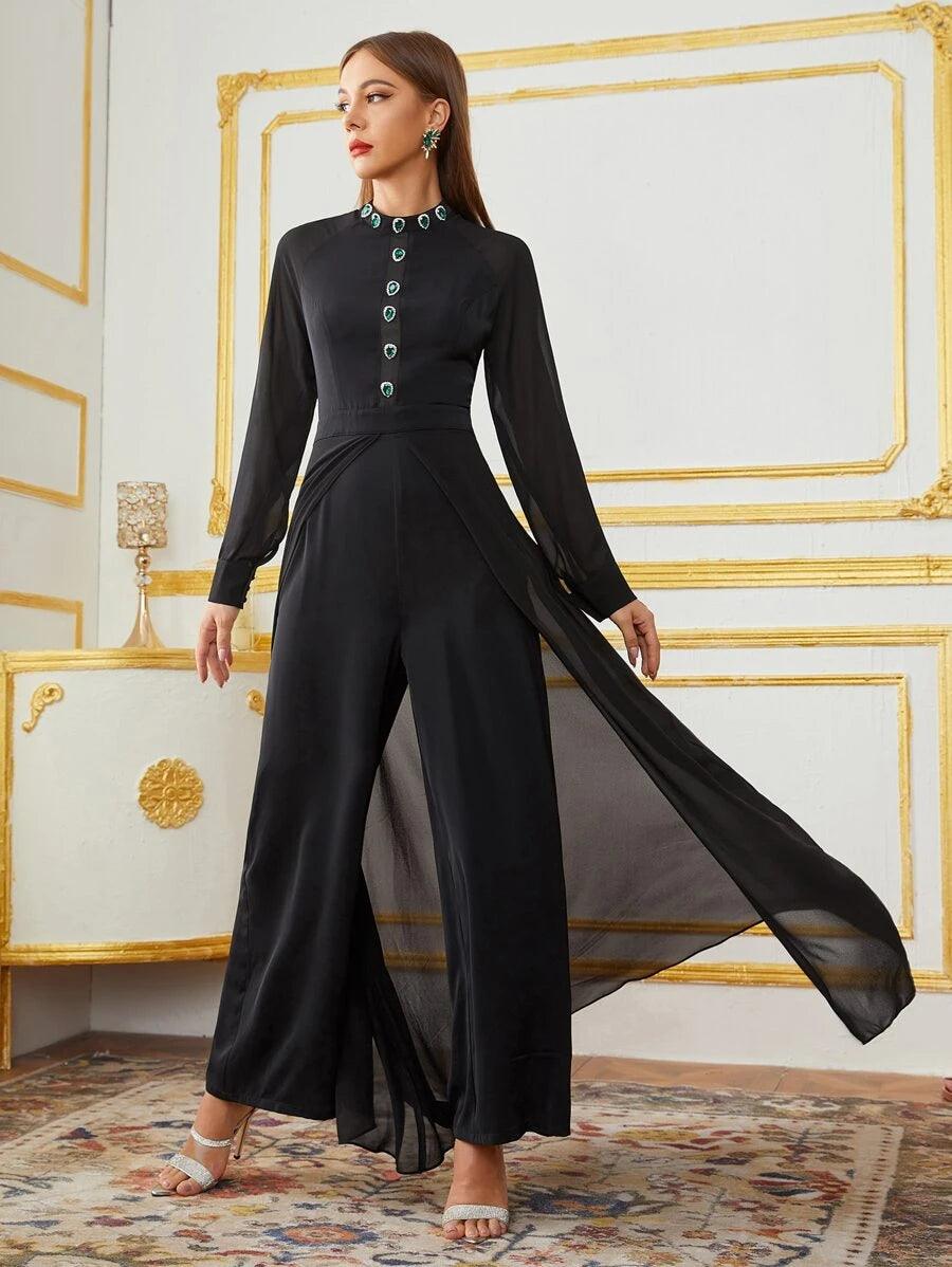 Rhinestone Detail Jumpsuit With Skirt-Comfy Jumpsuits