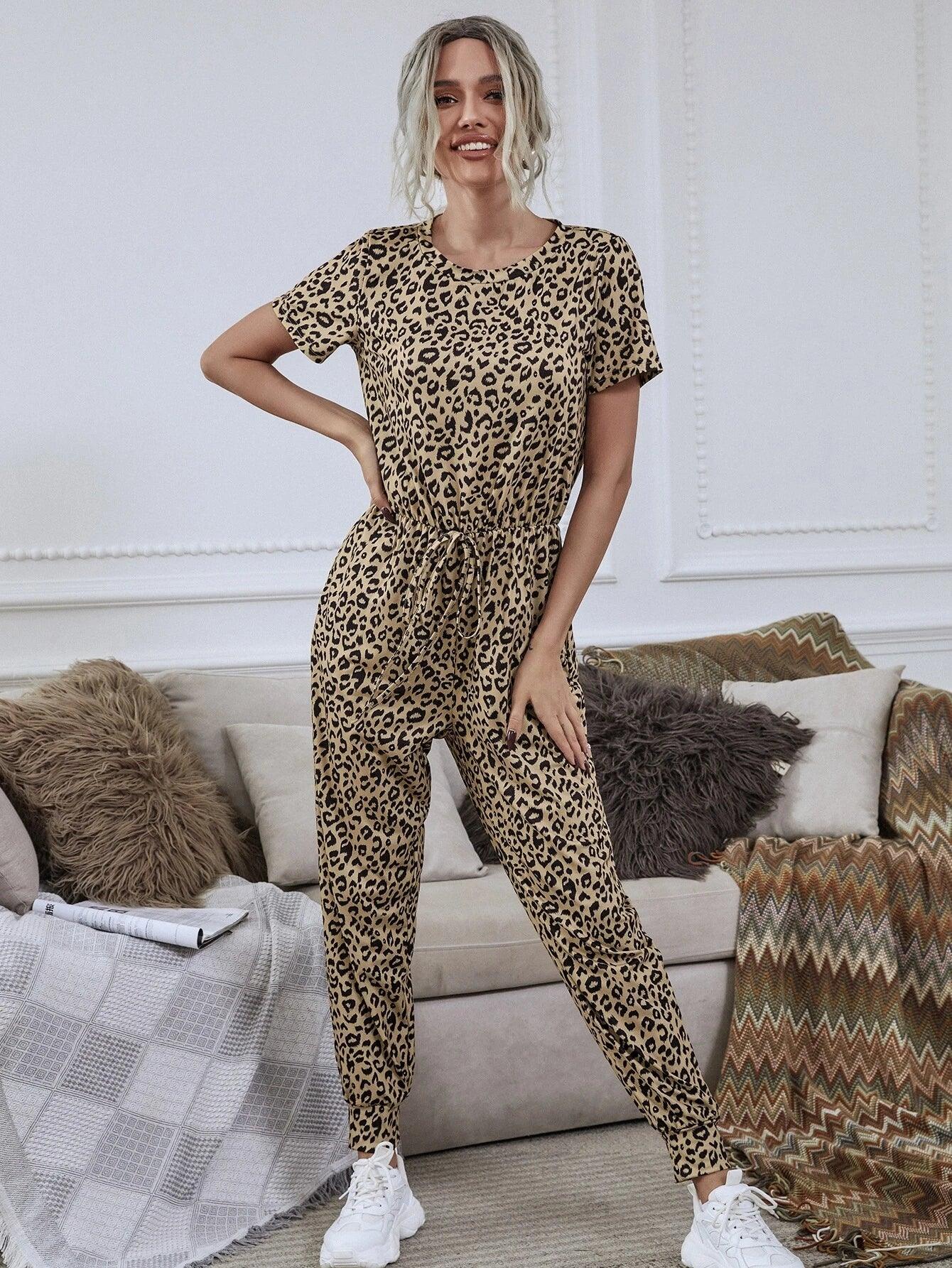 Leopard Tie Front Tee Jumpsuit-Comfy Jumpsuits