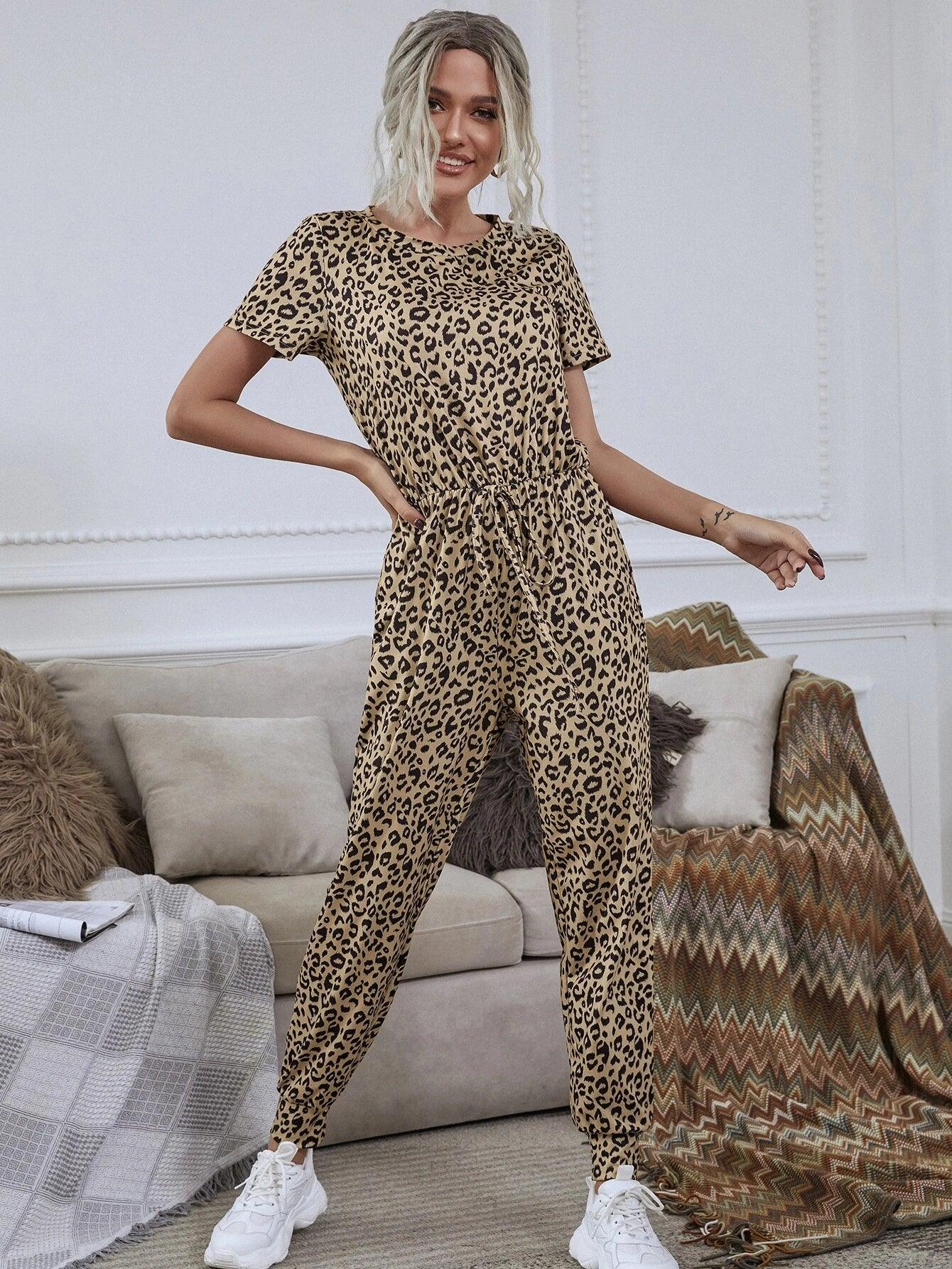 Leopard Tie Front Tee Jumpsuit-Comfy Jumpsuits