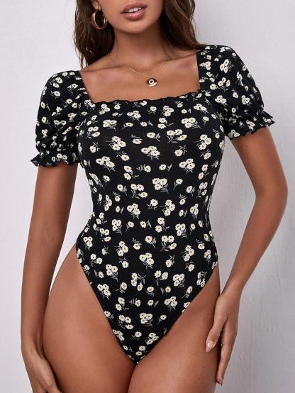 Floral Print Squared Neck Bodysuit-Comfy Jumpsuits