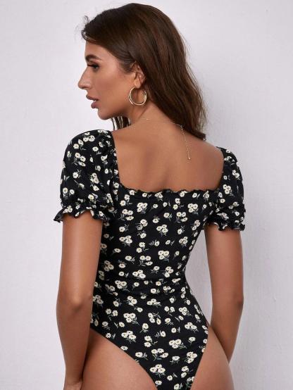 Floral Print Squared Neck Bodysuit-Comfy Jumpsuits