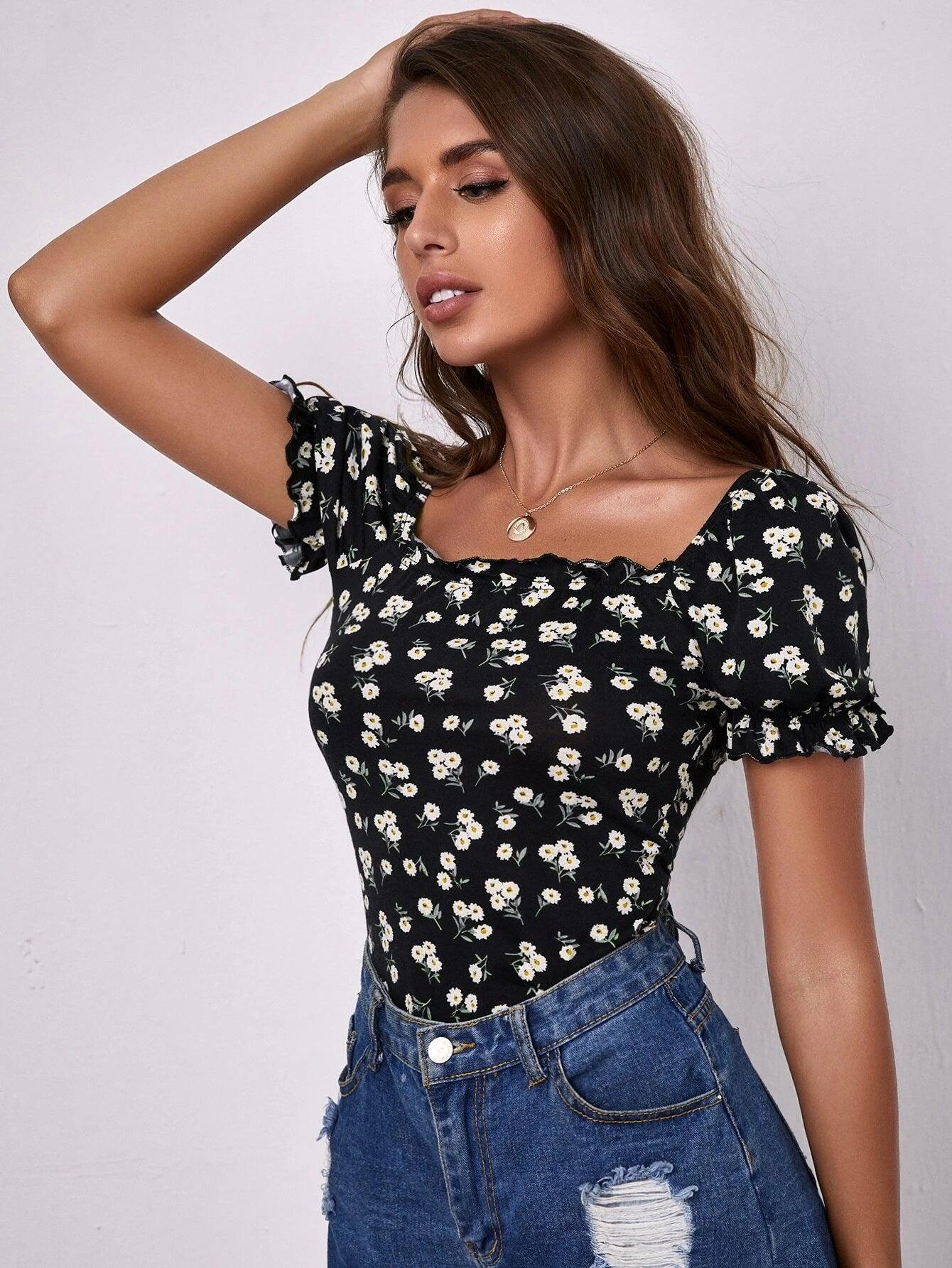 Floral Print Squared Neck Bodysuit-Comfy Jumpsuits