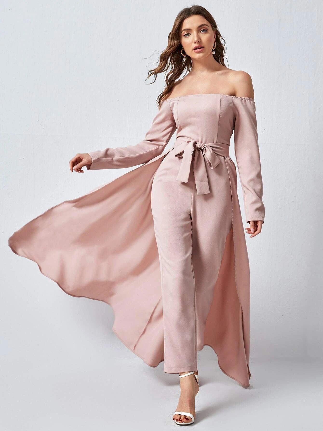 Off Shoulder Belted Jumpsuit With Skirt-Comfy Jumpsuits