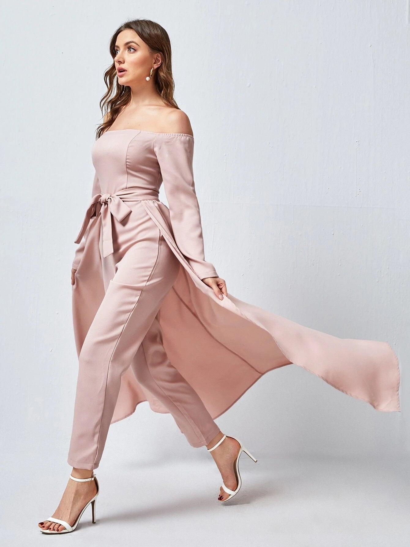Off Shoulder Belted Jumpsuit With Skirt-Comfy Jumpsuits