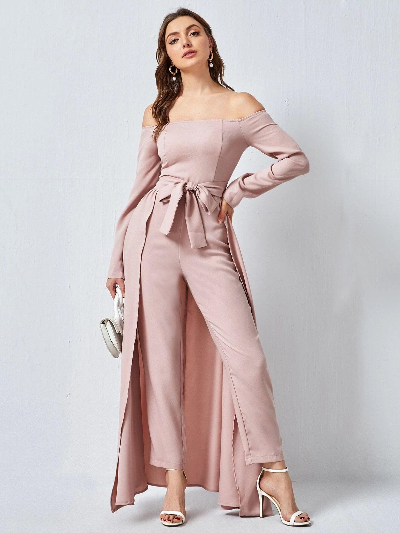 Off Shoulder Belted Jumpsuit With Skirt-Comfy Jumpsuits