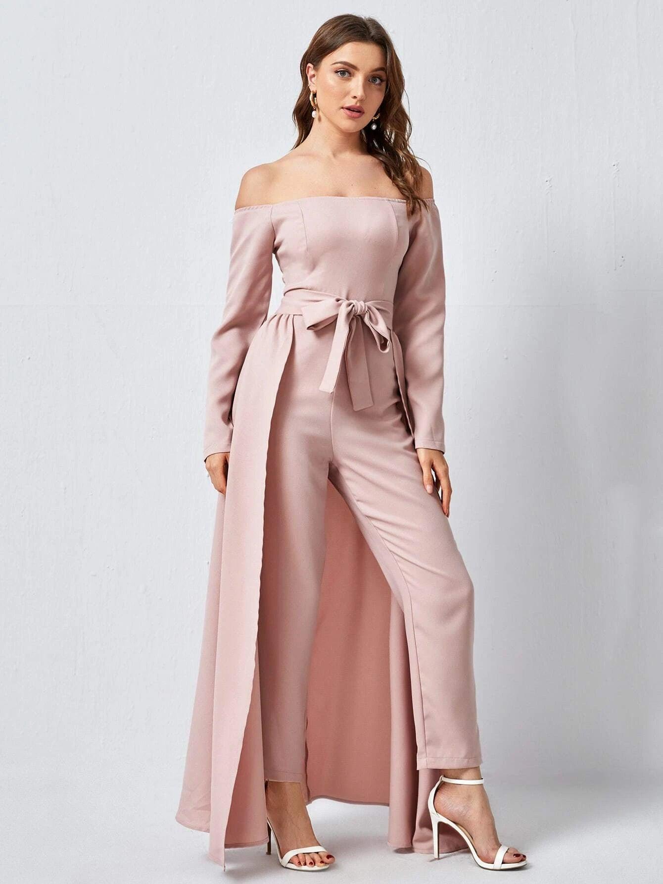 Off Shoulder Belted Jumpsuit With Skirt-Comfy Jumpsuits