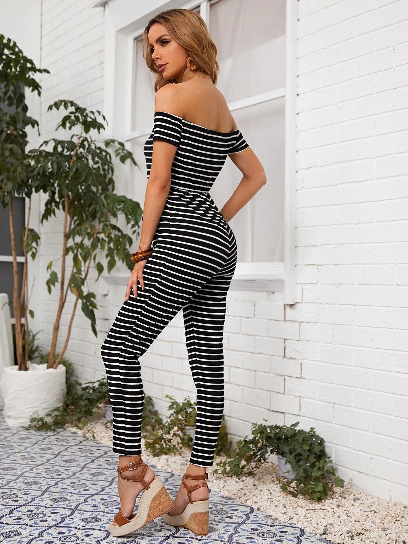 Off Shoulder Knot Waist Striped Jumpsuit-Comfy Jumpsuits
