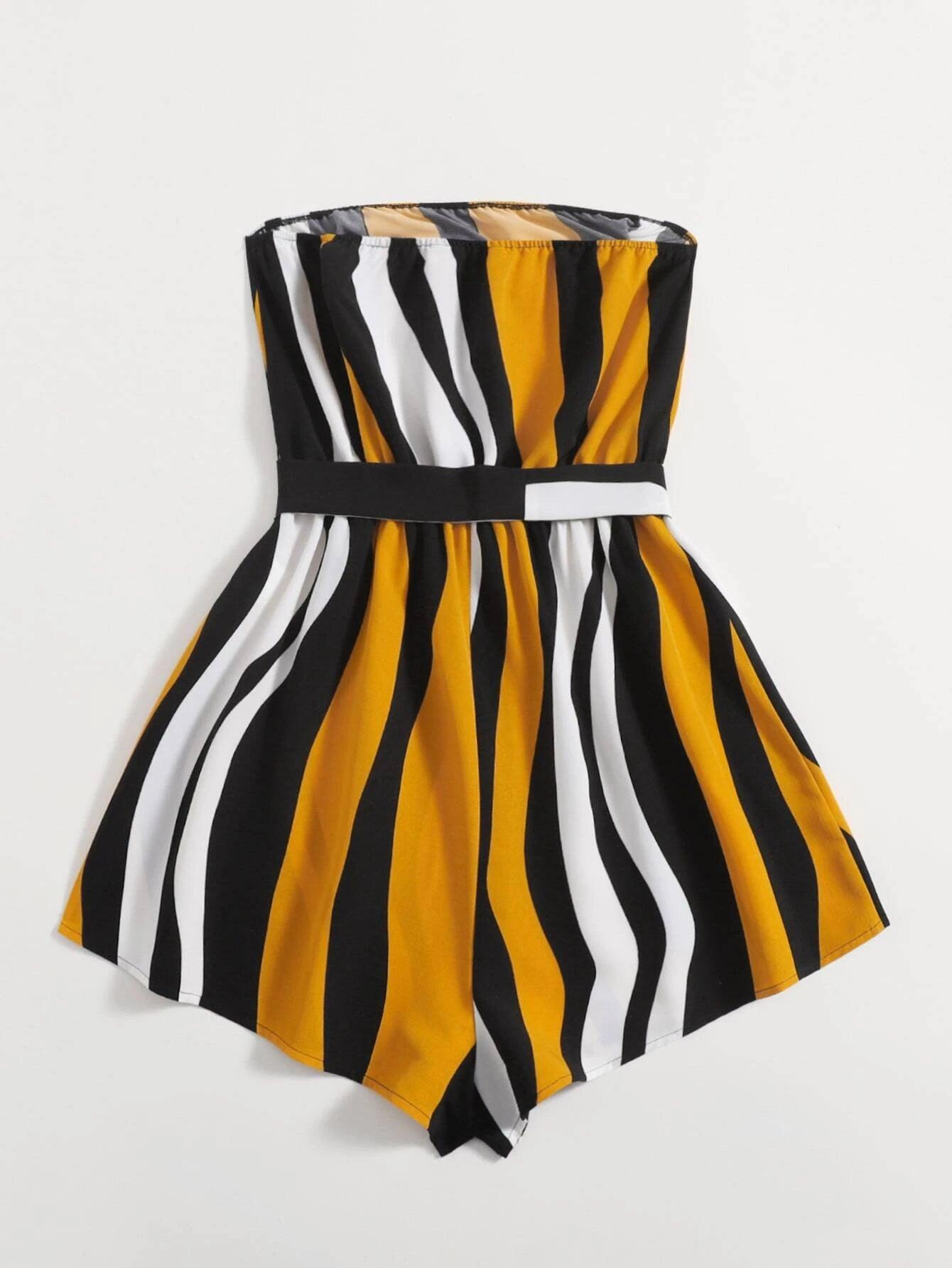 Belted Striped Tube Romper-Comfy Jumpsuits