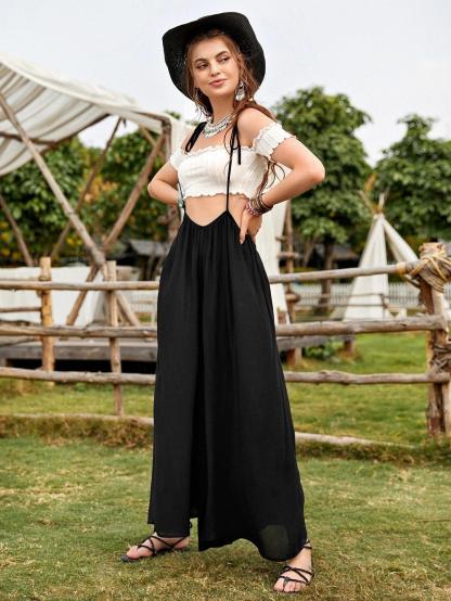 Tie Shoulder Suspender Jumpsuit Without Top-Comfy Jumpsuits