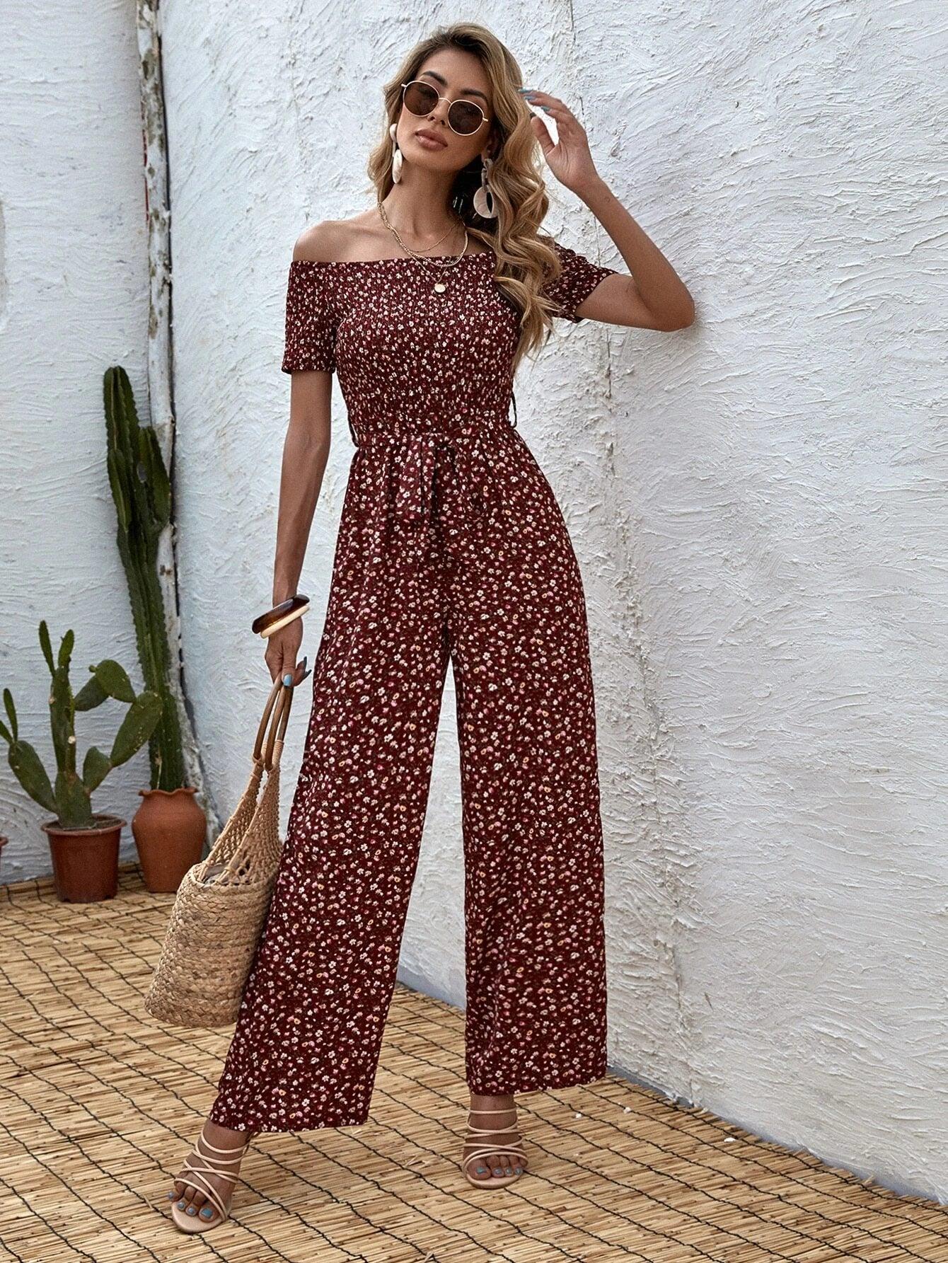 Long Floral Printed Short Sleeve Jumpsuit-Comfy Jumpsuits