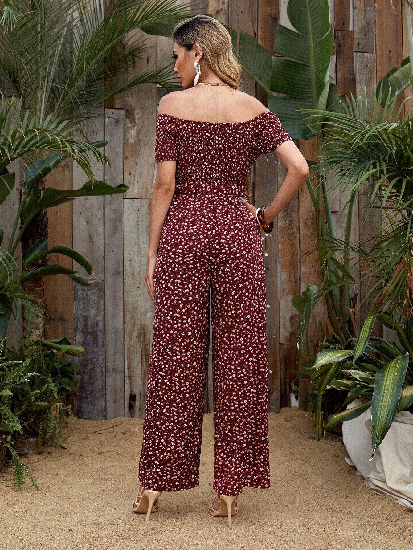 Long Floral Printed Short Sleeve Jumpsuit-Comfy Jumpsuits