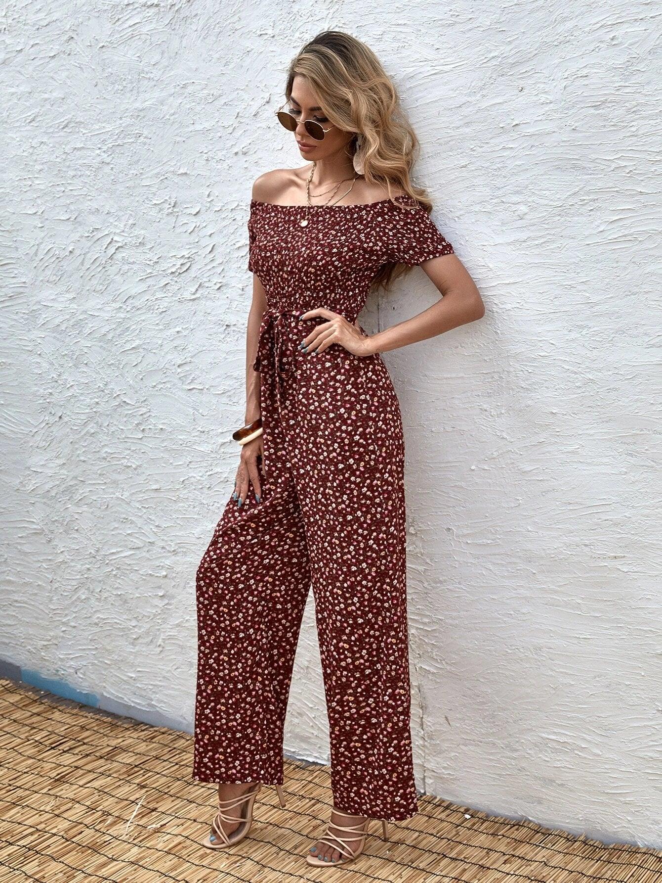 Long Floral Printed Short Sleeve Jumpsuit-Comfy Jumpsuits