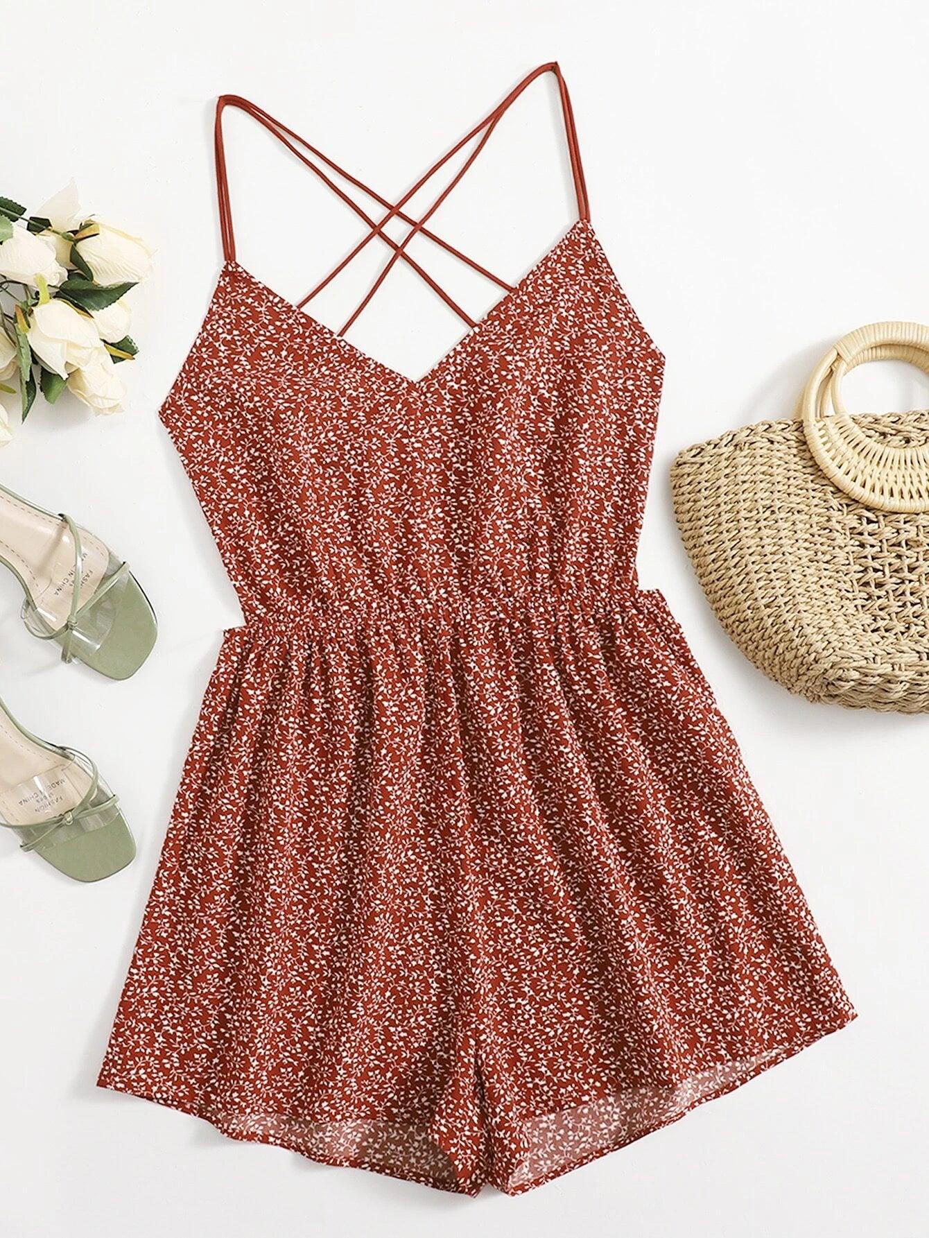 Allover Print Crisscross Back Slip Romper-Comfy Jumpsuits