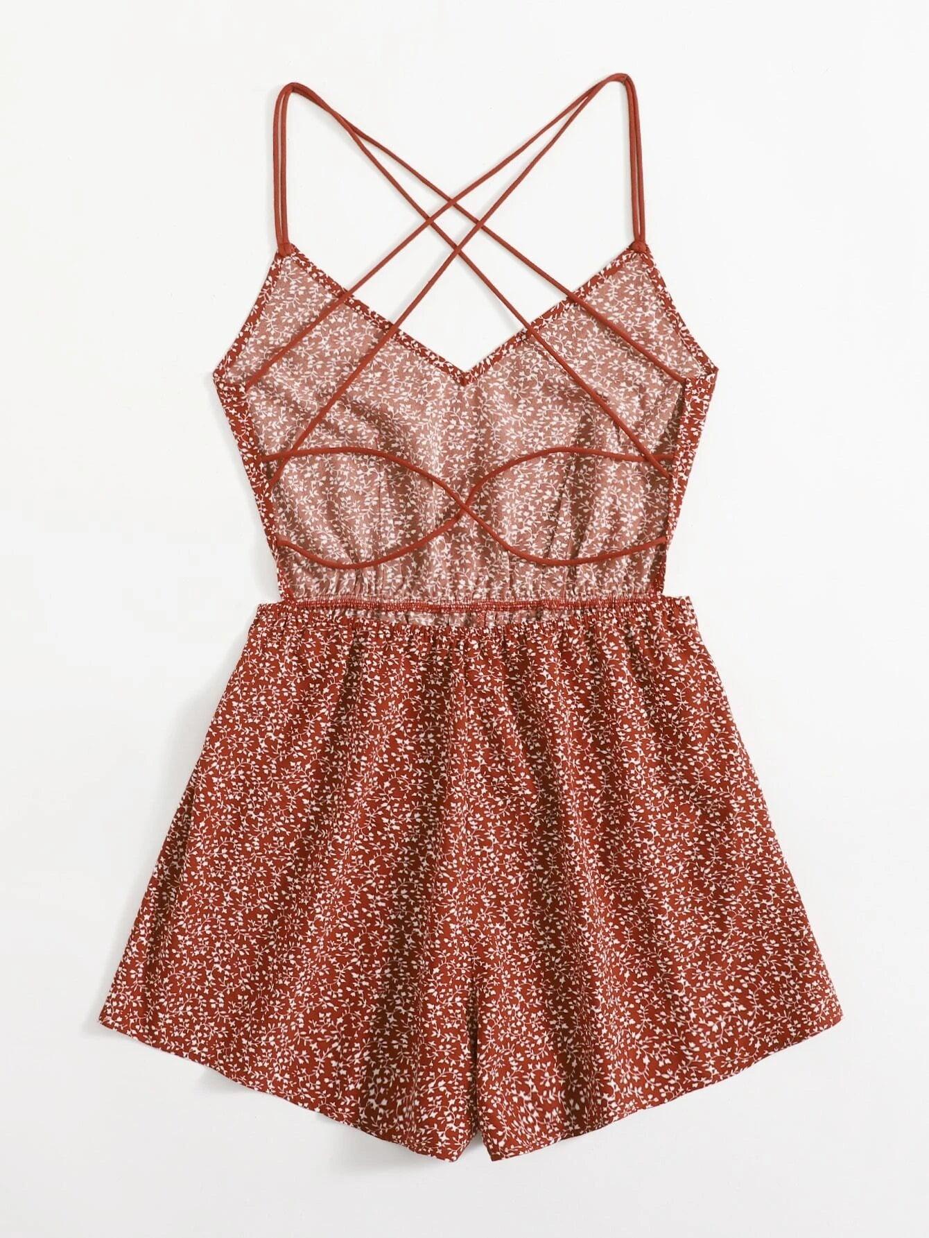 Allover Print Crisscross Back Slip Romper-Comfy Jumpsuits