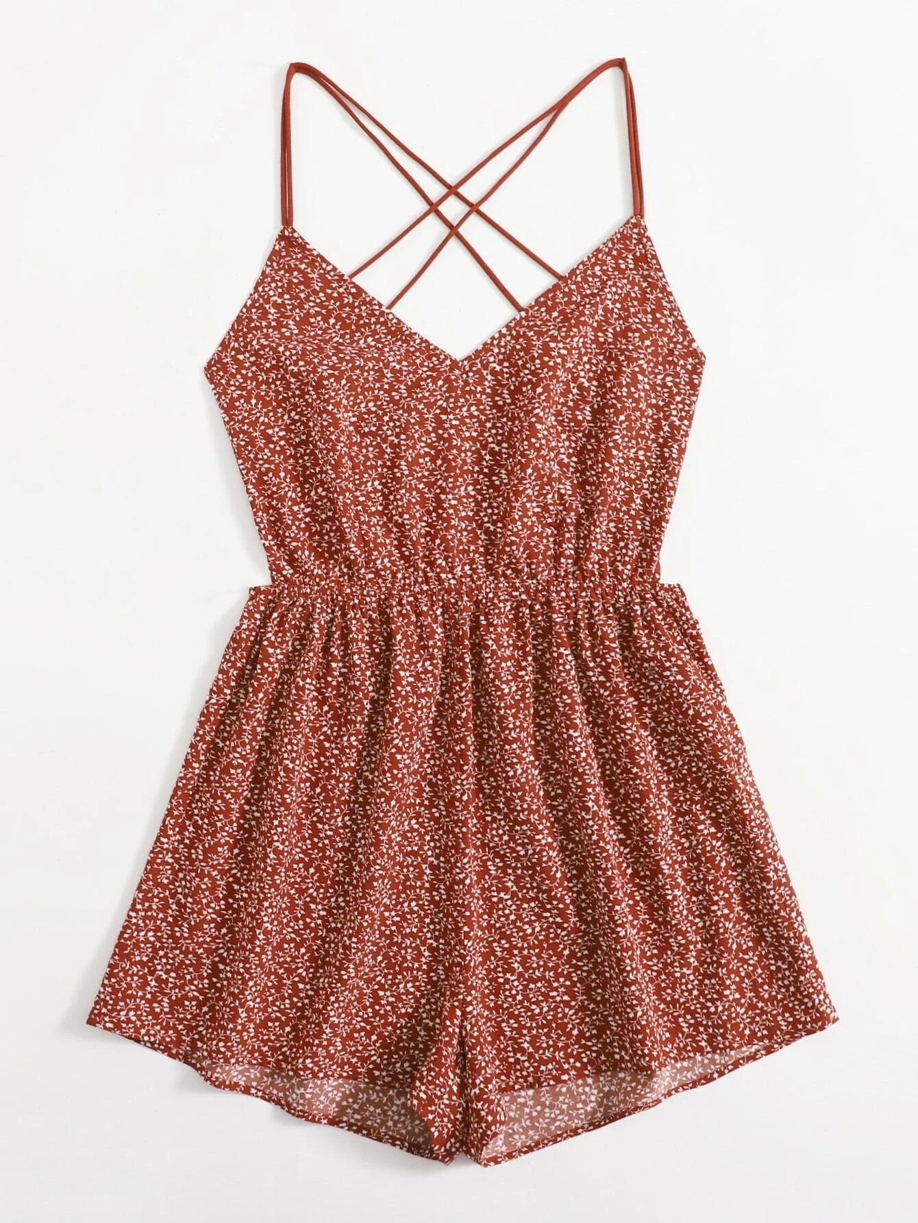 Allover Print Crisscross Back Slip Romper-Comfy Jumpsuits