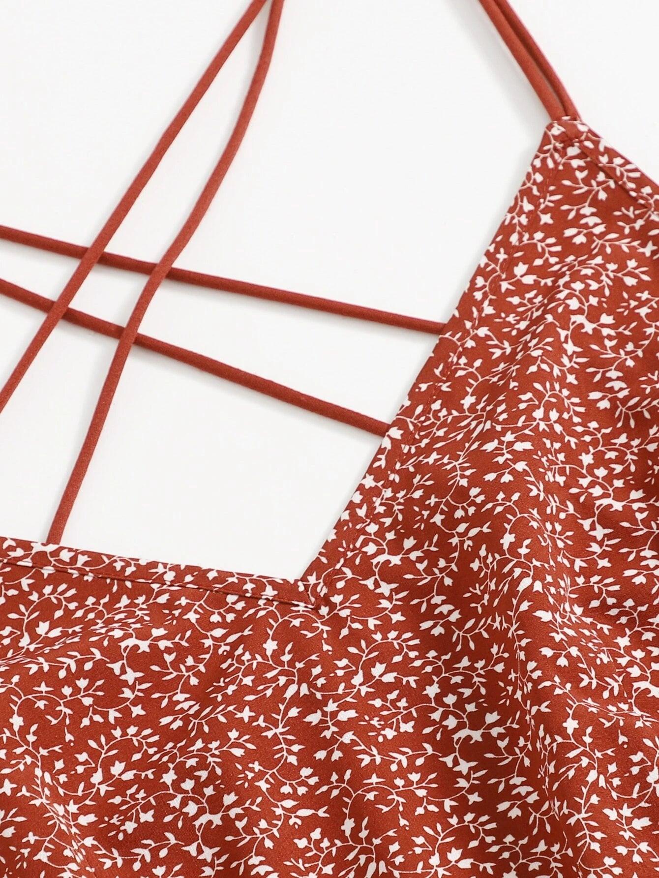 Allover Print Crisscross Back Slip Romper-Comfy Jumpsuits