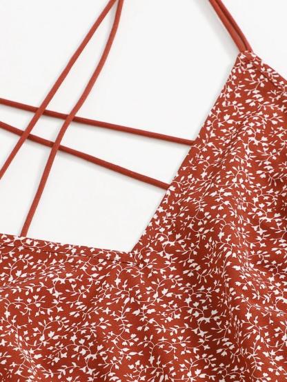 Allover Print Crisscross Back Slip Romper-Comfy Jumpsuits