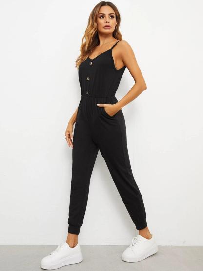 Button Front Slant Pocket Slip Jumpsuit-Comfy Jumpsuits