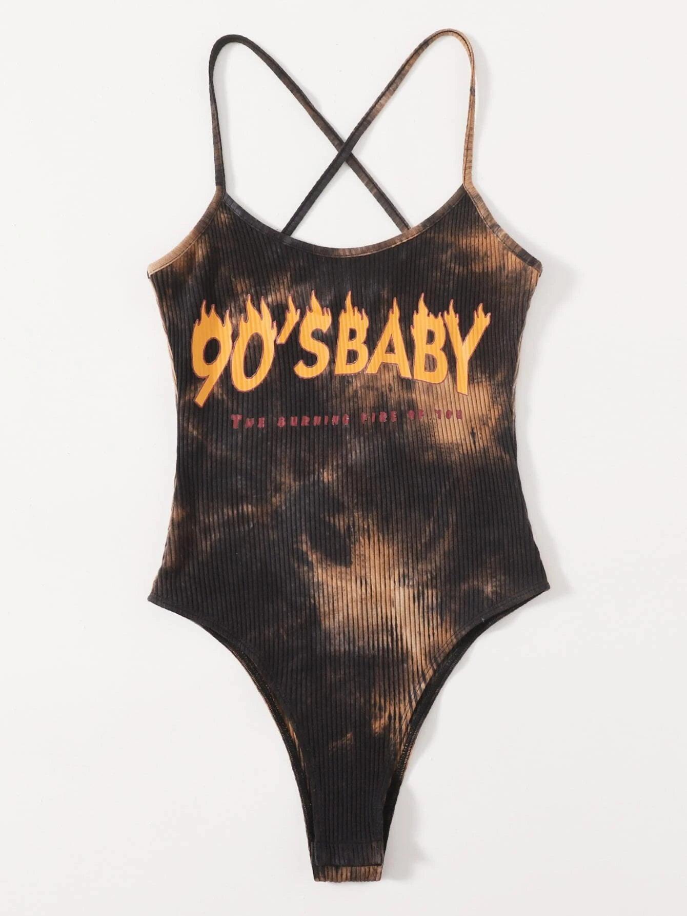 Letter Graphic Tie Dye Slip Romper-Comfy Jumpsuits