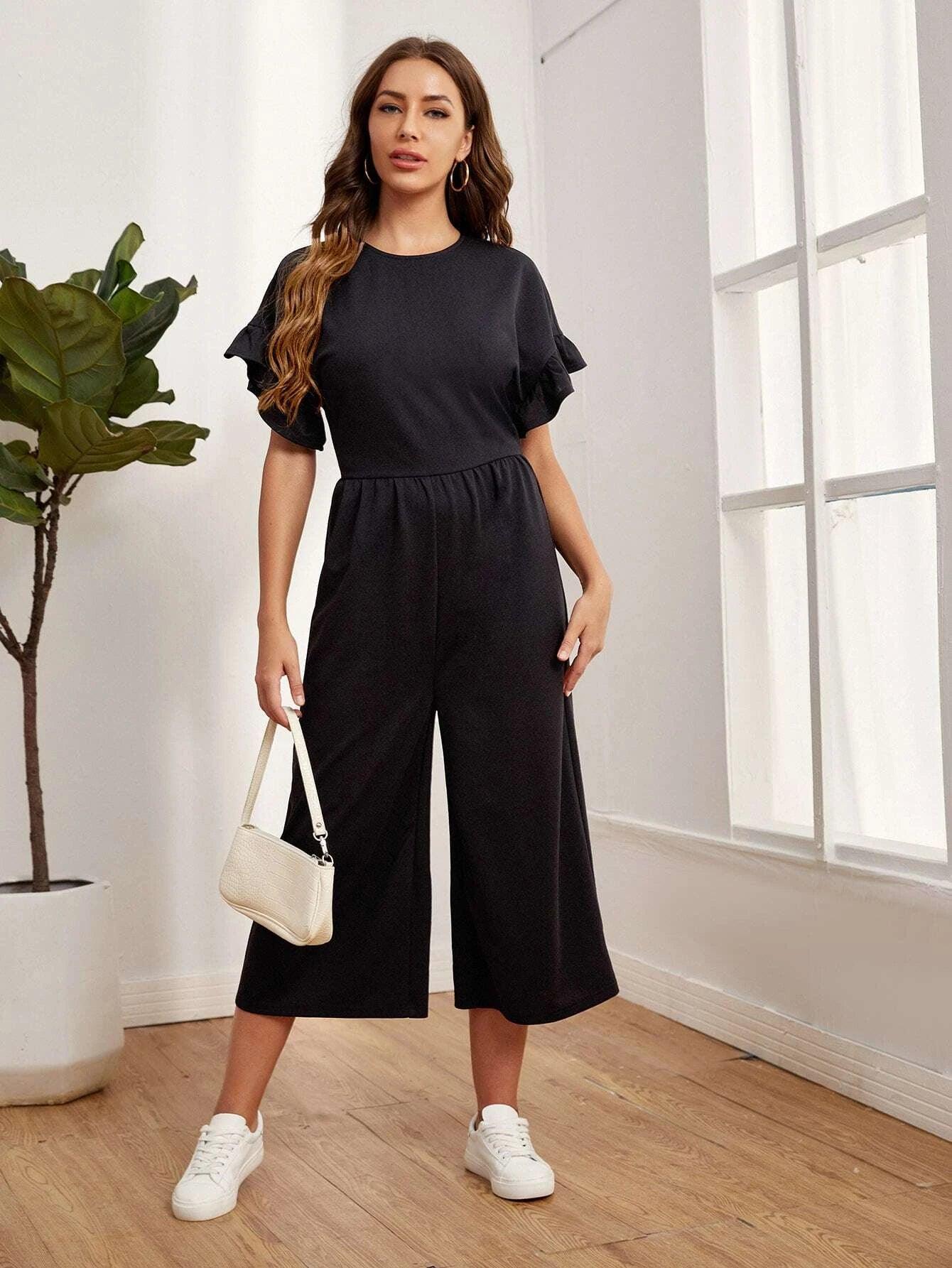 Ruffle Cuff Solid Jumpsuit-Comfy Jumpsuits