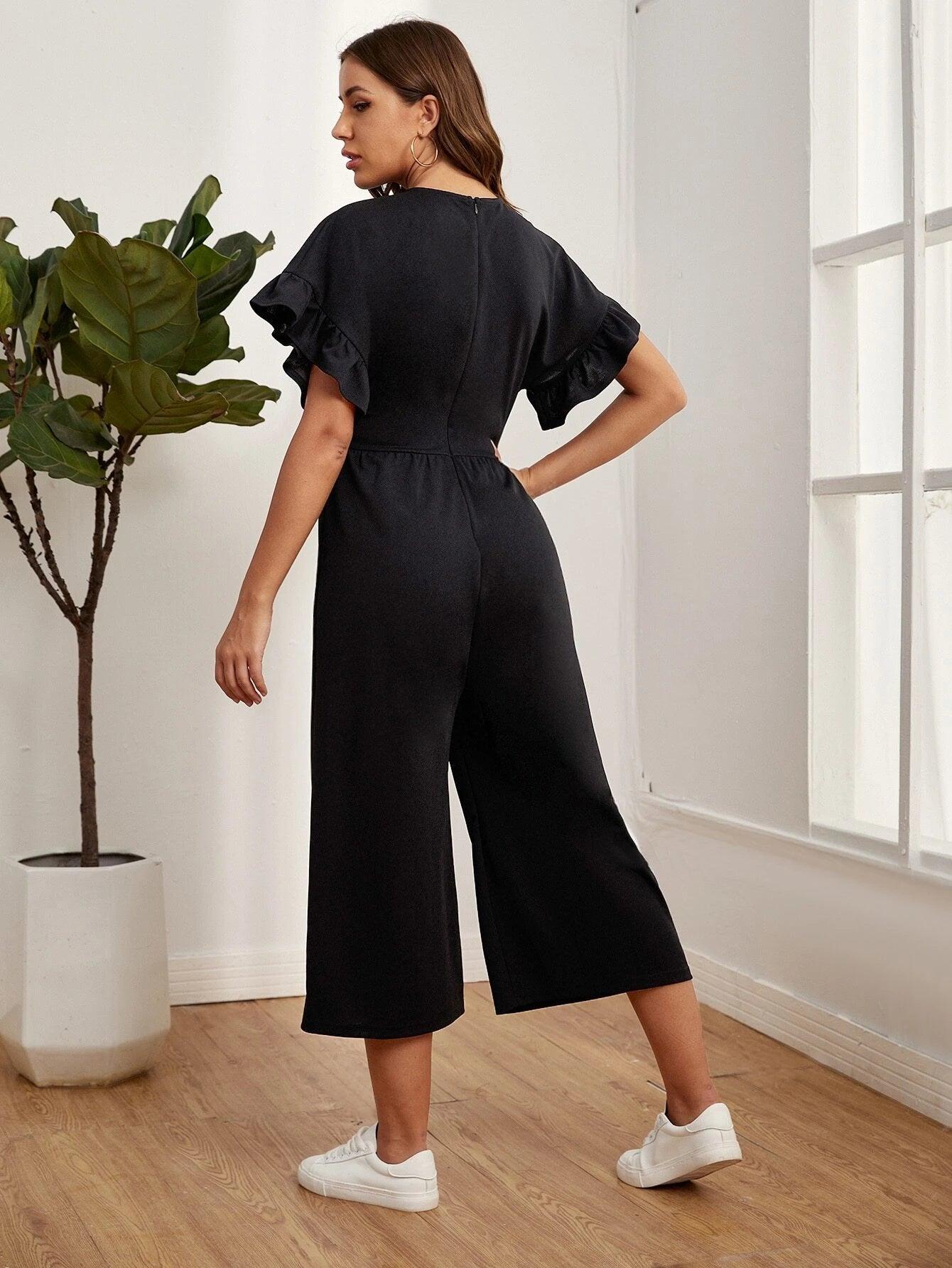 Ruffle Cuff Solid Jumpsuit-Comfy Jumpsuits