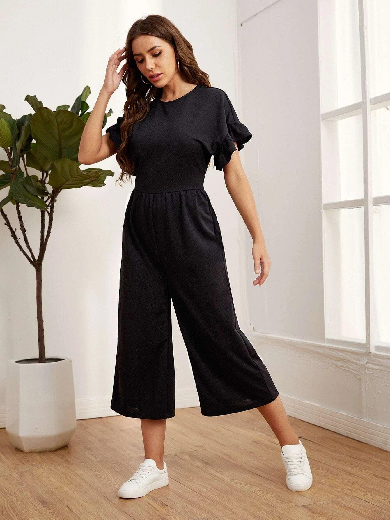 Ruffle Cuff Solid Jumpsuit-Comfy Jumpsuits