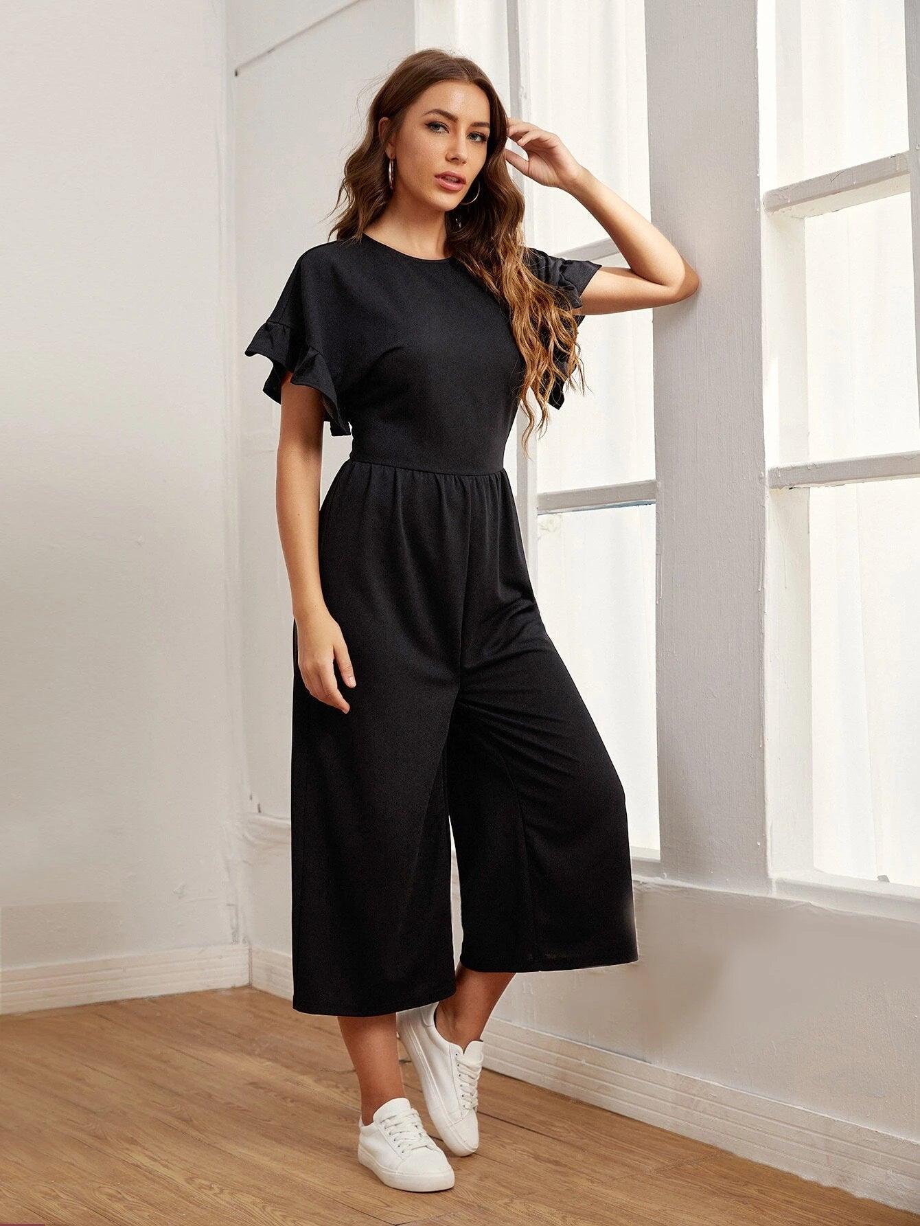 Ruffle Cuff Solid Jumpsuit-Comfy Jumpsuits
